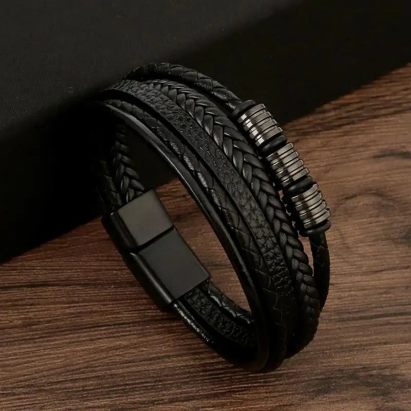 Bracelet cuir homme noir anneaux acier anthracite - iinnovix