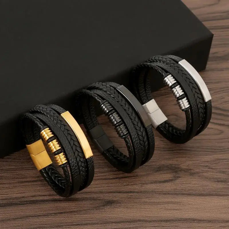 Bracelet cuir homme noir et marron perles mates - iinnovix